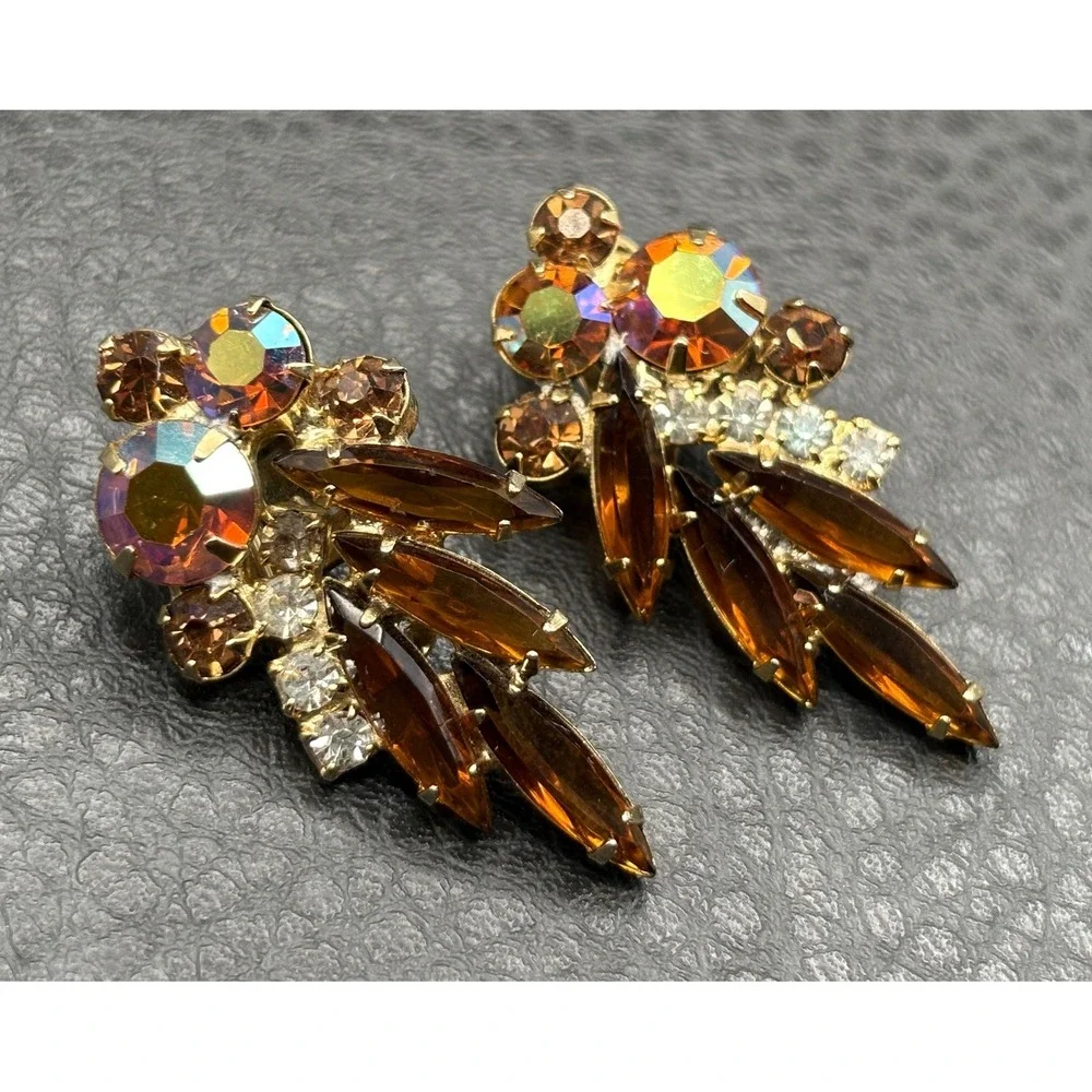 Vintage Aurora Borealis AB Rhinestone Navette Clip On Earrings Gold Tone